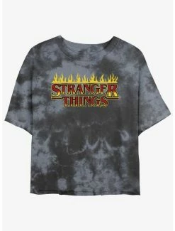 Cheapest ⭐ Stranger Things Flaming Logo Mineral Wash Crop 👧 Girls T-Shirt 😀