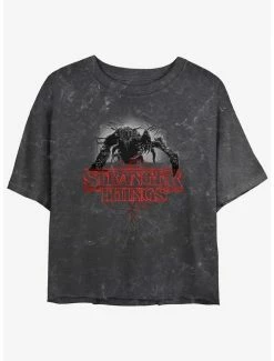 Cheapest 🔥 Stranger Things Mind Flayer Logo Mineral Wash Crop 👧 Girls T-Shirt 😍