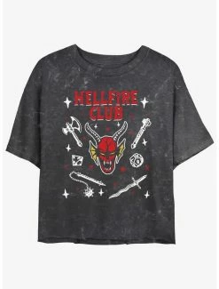 Deals 🎉 Stranger Things Hellfire Club Mineral Wash Crop 👧 Girls T-Shirt 🌟