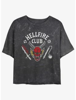 Best Sale 😉 Stranger Things Hellfire Club Mineral Wash Crop 👧 Girls T-Shirt 🌟