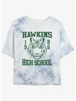New 🛒 Stranger Things Hawkins High School 1986 Mineral Wash Crop 👧 Girls T-Shirt 🤩