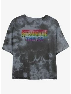 Discount 👏 Stranger Things Rainbow Logo Mineral Wash Crop 👧 Girls T-Shirt ❤️